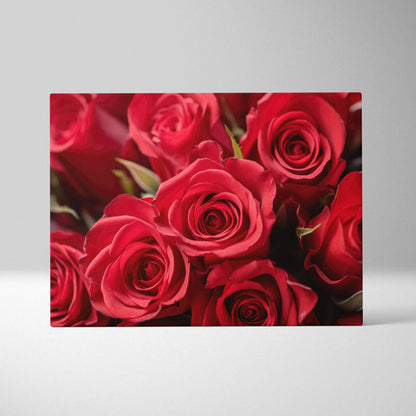 Canvas wall art featuring vivid red roses with detailed petals and lush green leaves for home decor.