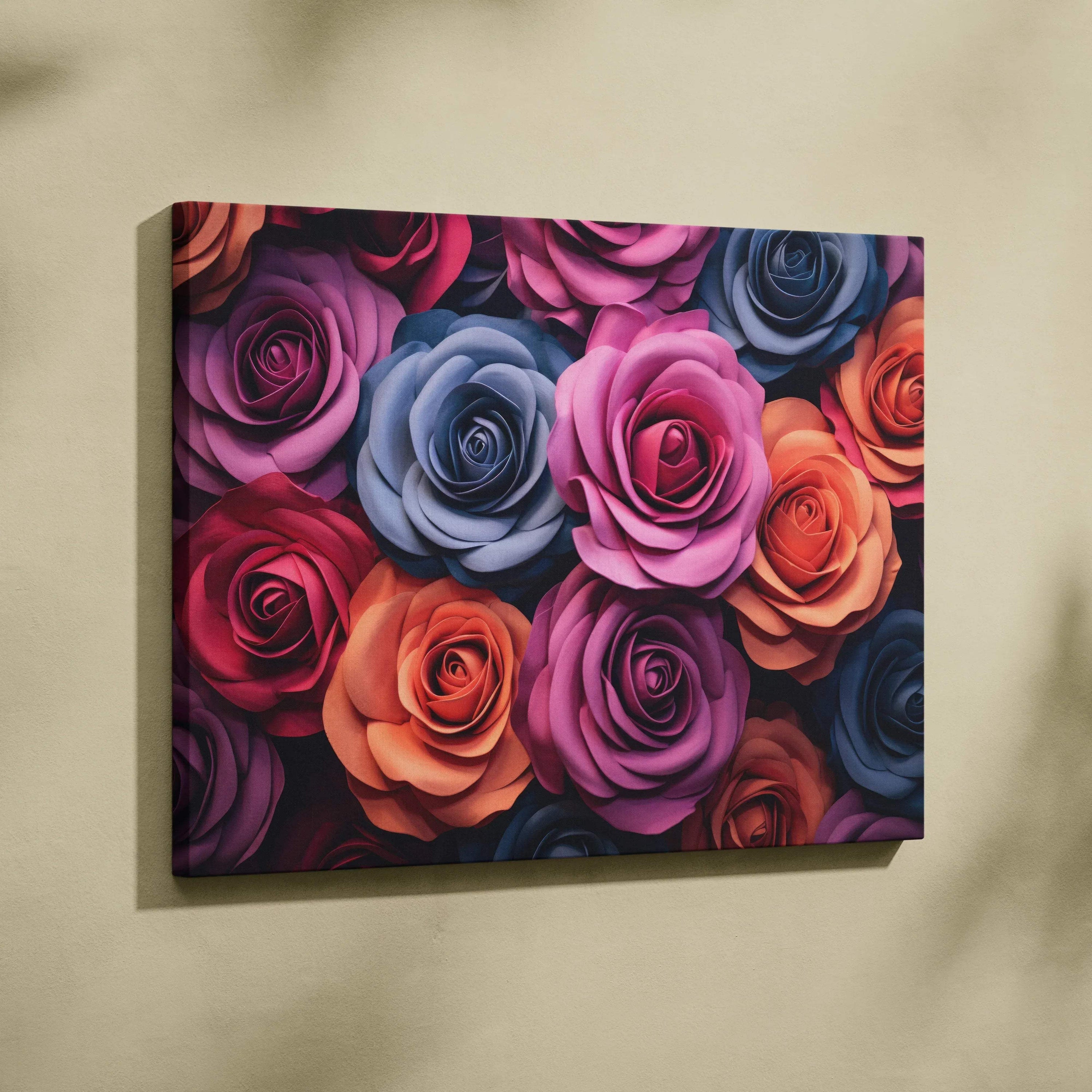 Canvas wall art featuring vibrant pastel roses in shades of purple, blue, pink, and orange for home decor.