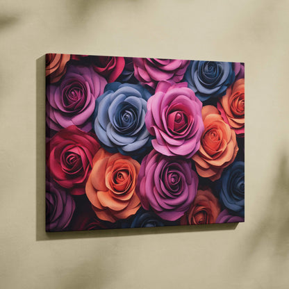 Canvas wall art featuring vibrant pastel roses in shades of purple, blue, pink, and orange for home decor.