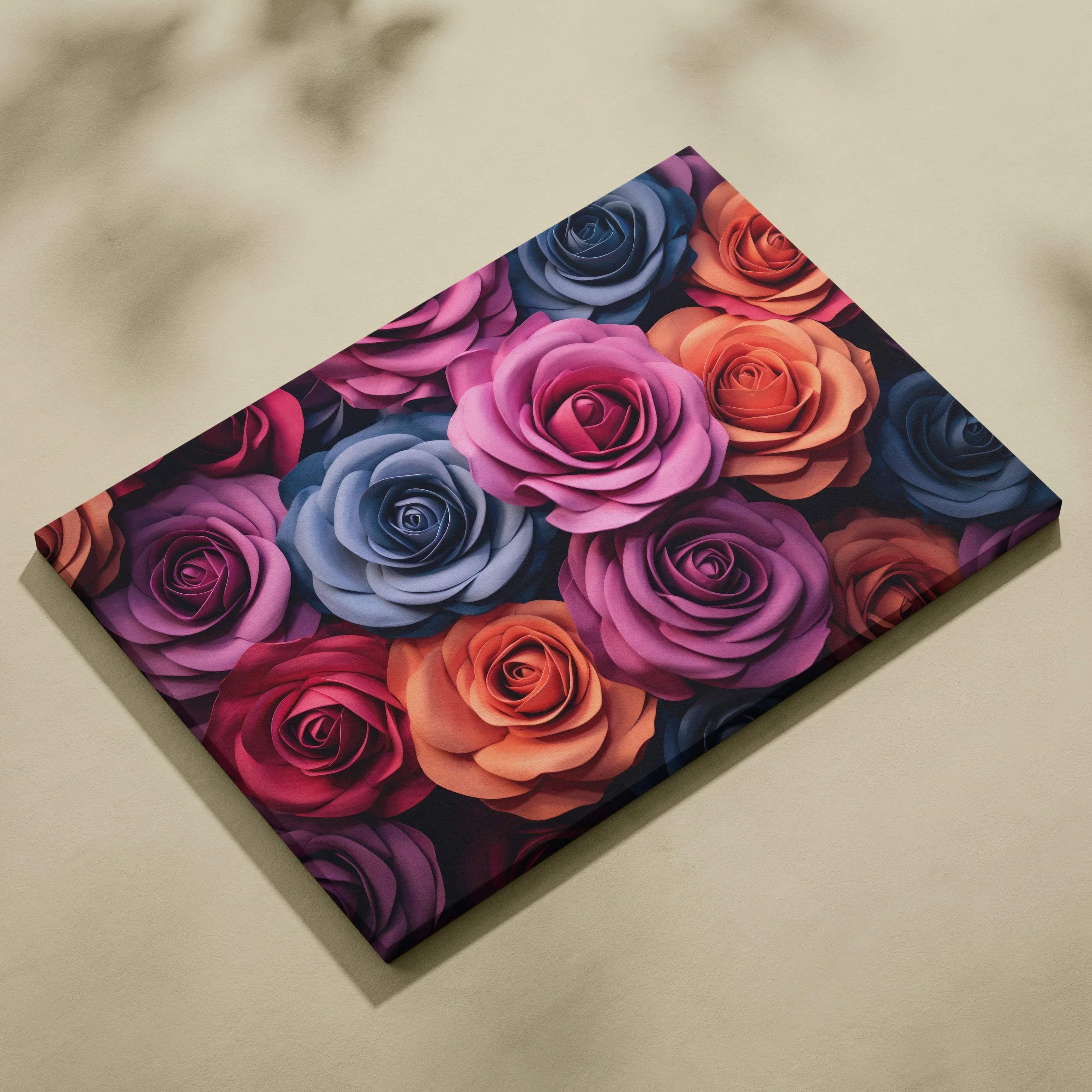 Canvas wall art print featuring a vibrant bouquet of pastel roses in purple, blue, orange, and pink tones.