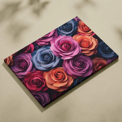 Canvas wall art print featuring a vibrant bouquet of pastel roses in purple, blue, orange, and pink tones.