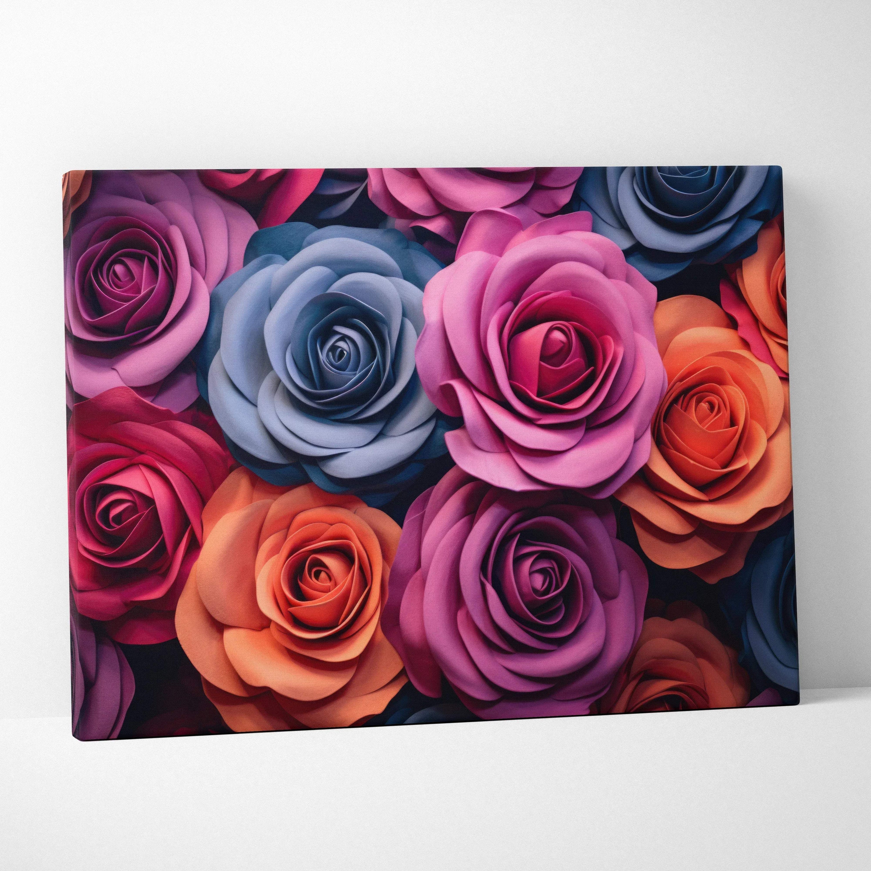 Canvas wall art featuring large, detailed pastel roses in shades of pink, purple, blue, and orange for home decor.