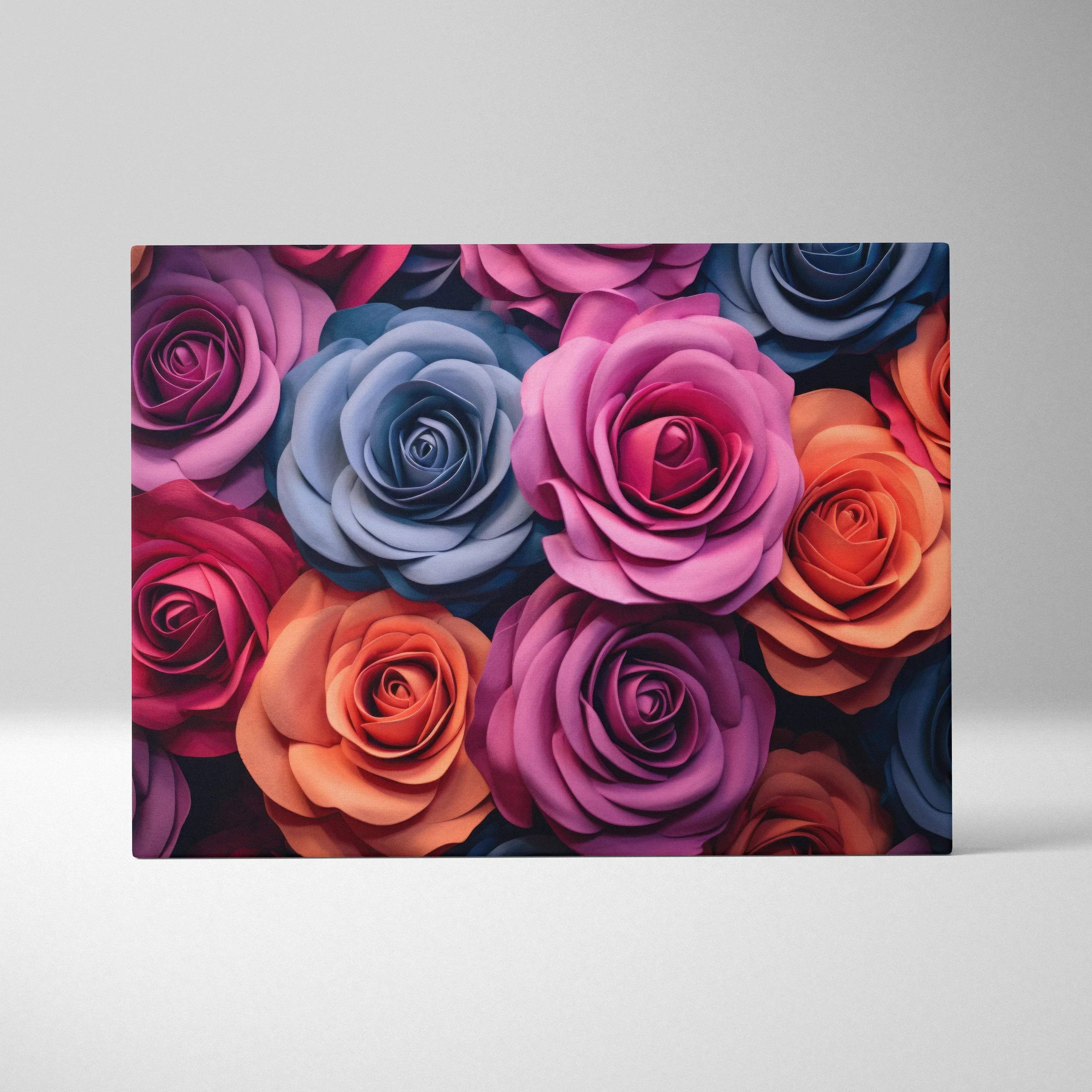 Canvas wall art featuring vibrant pastel roses in shades of pink, purple, blue, and orange for elegant floral decor.