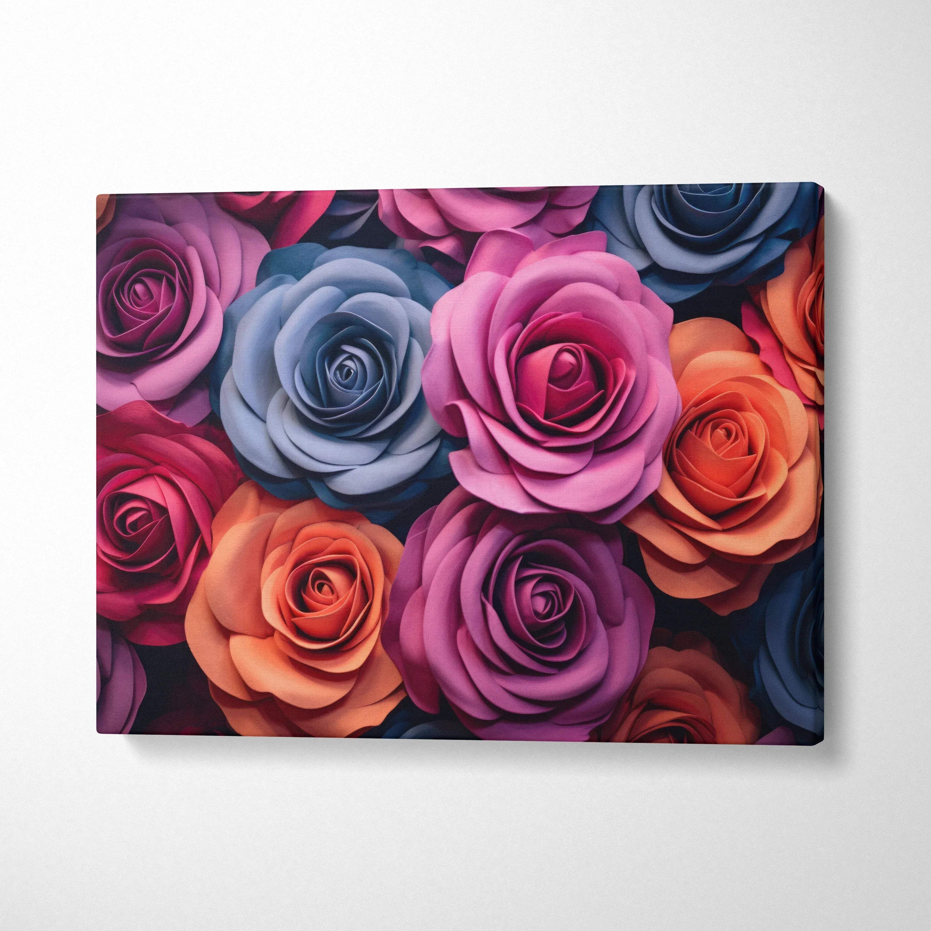 Pastel roses floral canvas wall art with pink, purple, blue, and orange roses for home decor.