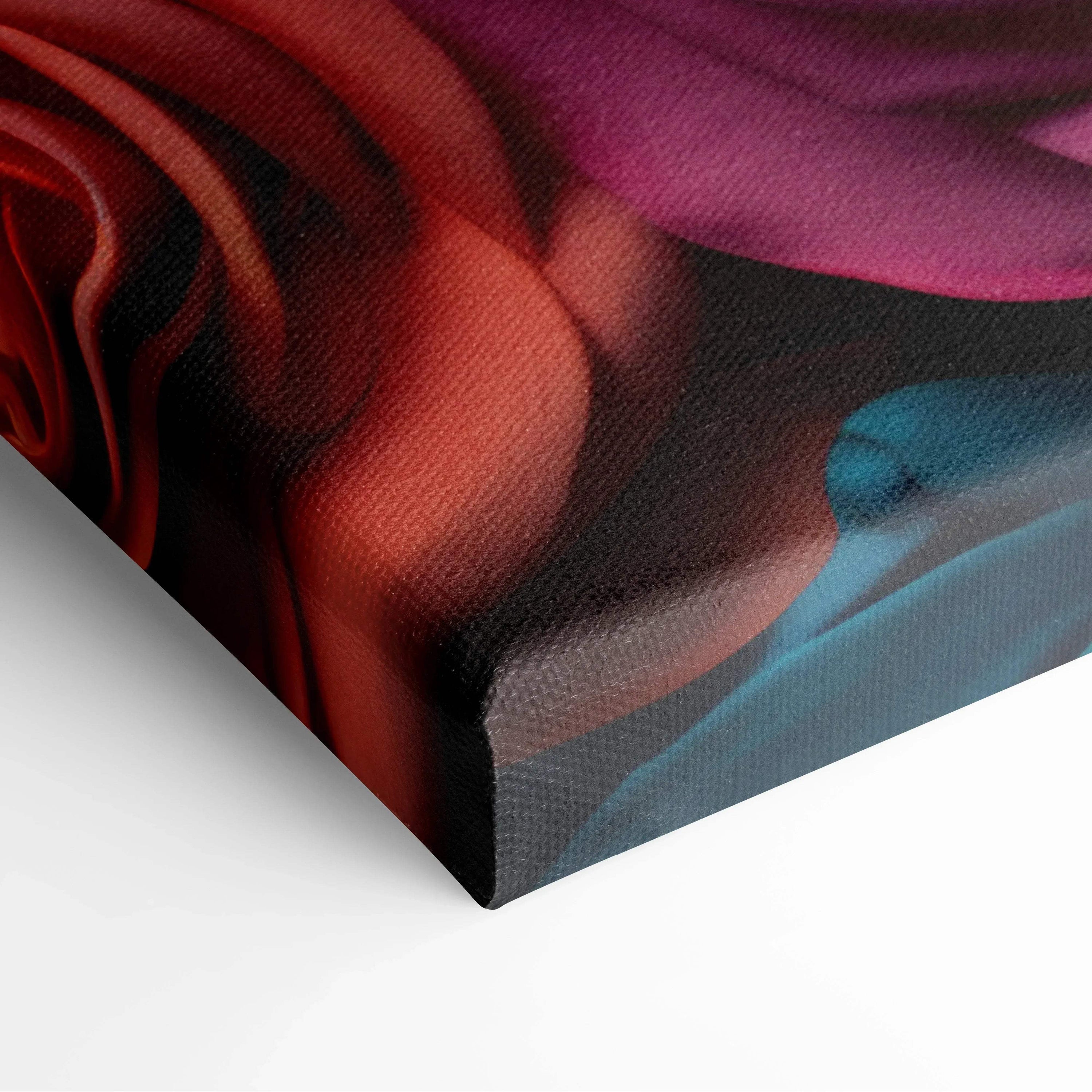 Close-up of canvas wall art with vibrant red, pink, and blue pastel rose petals in soft focus.