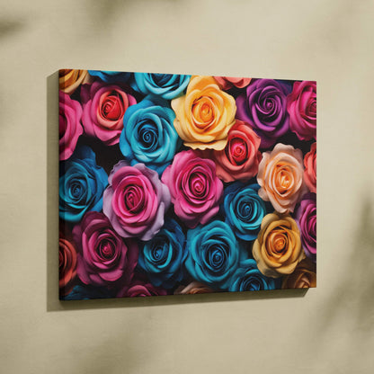 Colorful pastel roses floral canvas wall art print in vibrant blue, pink, yellow, and purple tones for home decor.