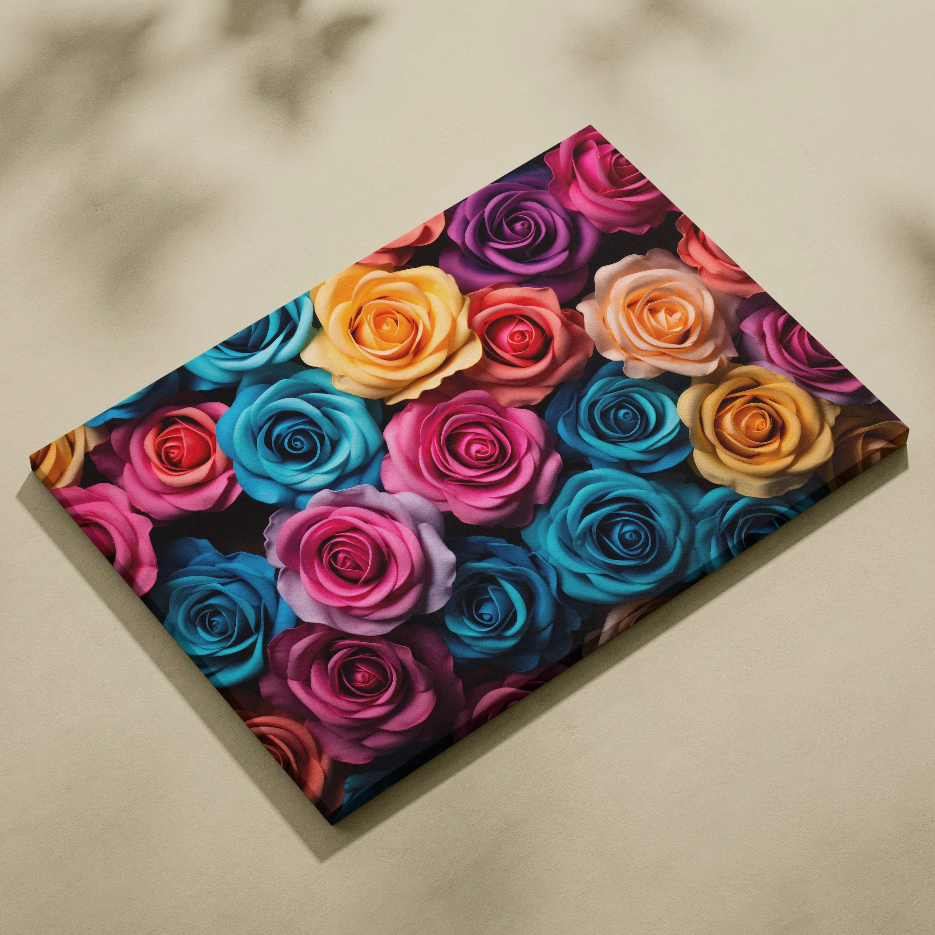 Canvas wall art featuring vibrant pastel roses in shades of blue, pink, purple, yellow, and orange for home decor.