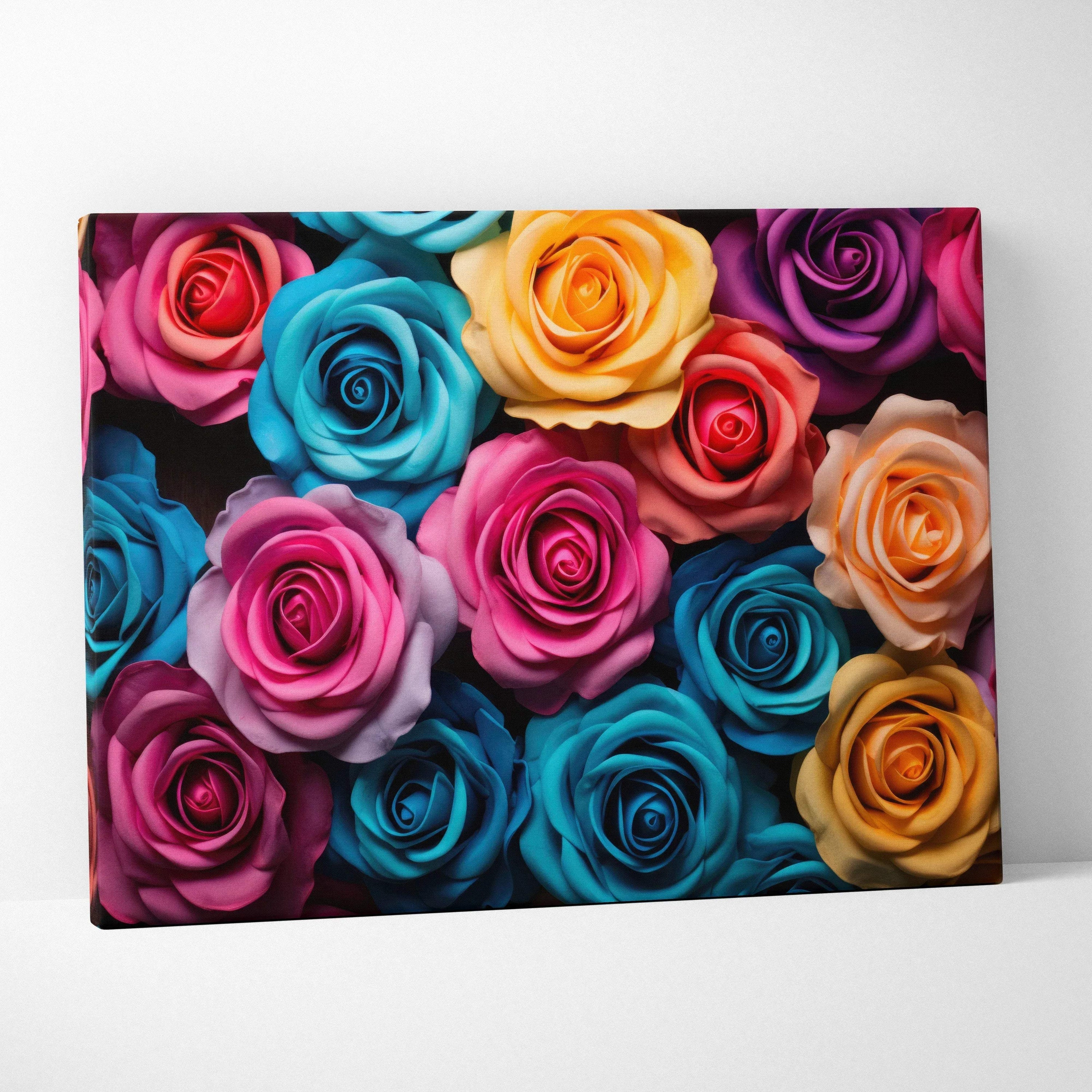 Canvas wall art featuring a vibrant bouquet of pastel roses in blue, pink, yellow, and purple tones on a dark background.