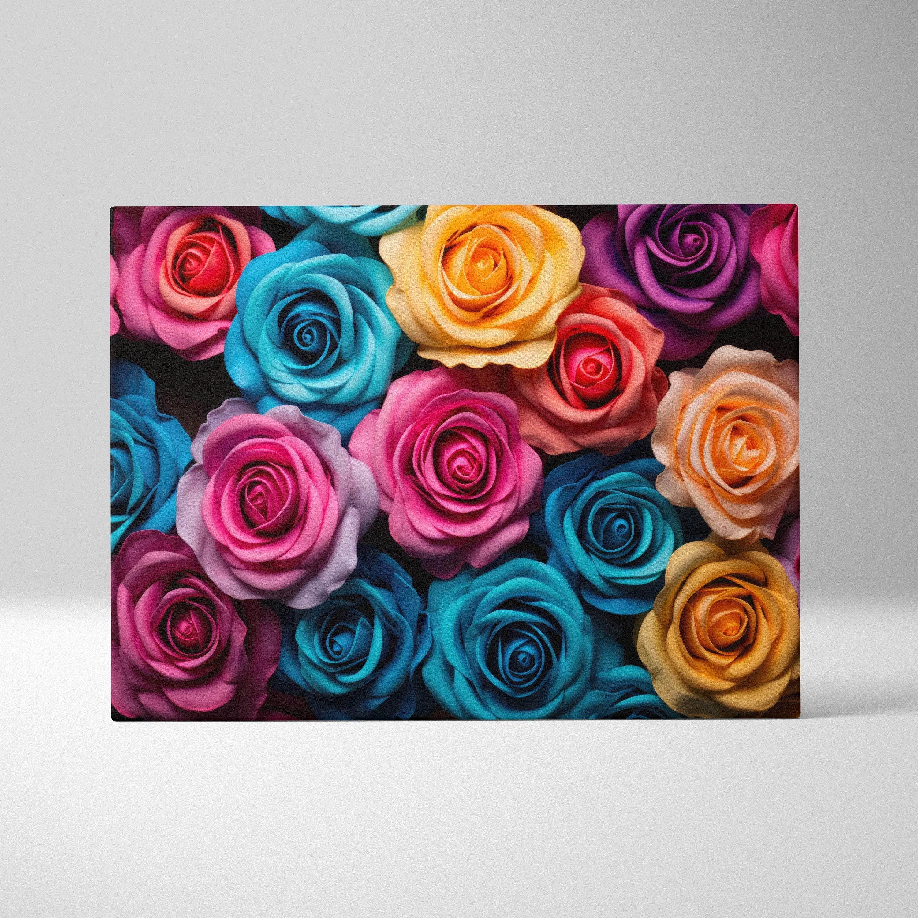 Canvas wall art featuring vibrant pastel roses in shades of pink, blue, yellow, orange, and purple.