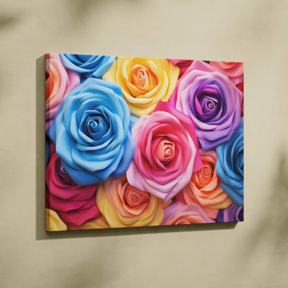 Colorful pastel roses canvas wall art with vibrant pink, blue, yellow, and purple blooms for home decor.