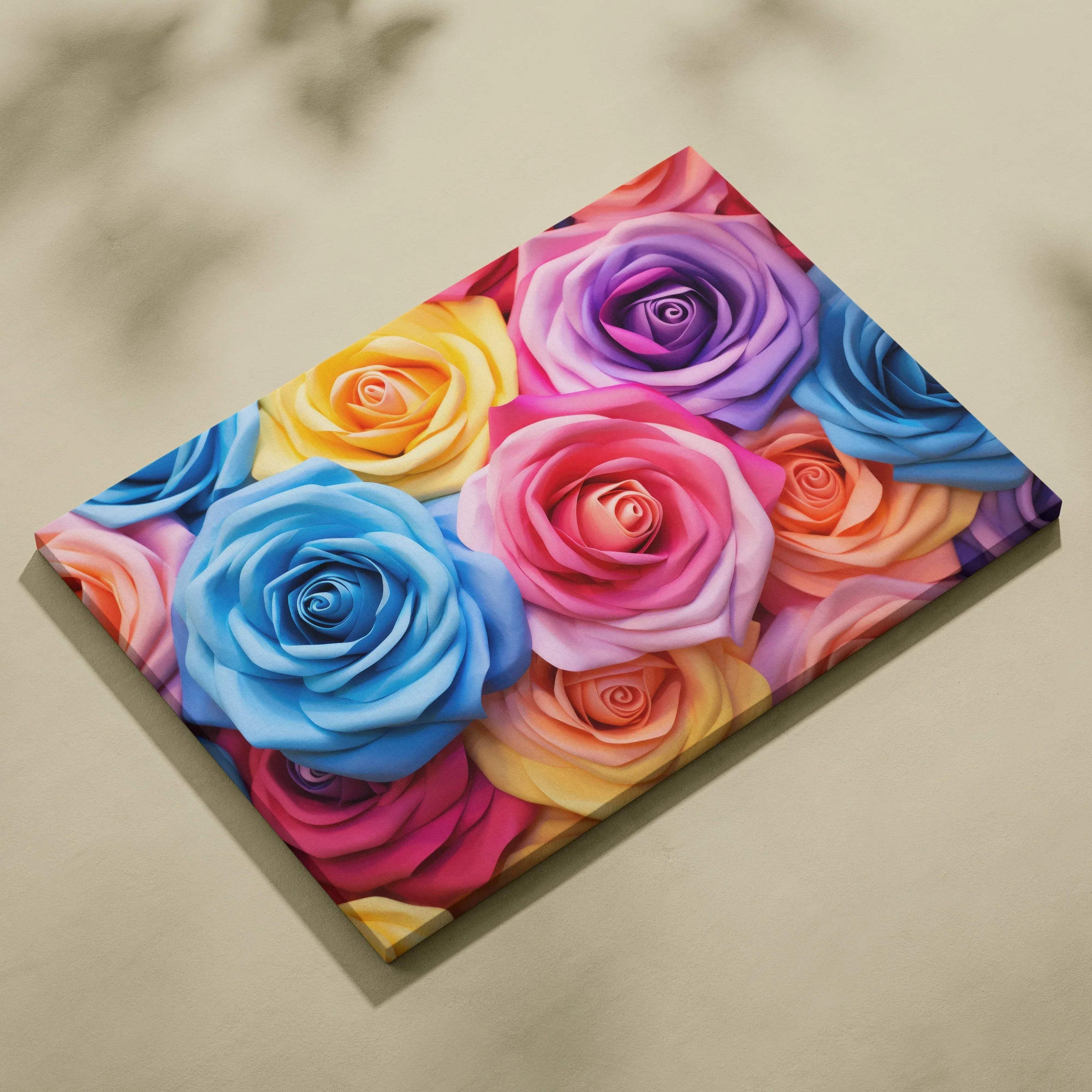 Canvas wall art featuring vibrant pastel roses in shades of blue, pink, yellow, and purple arranged in a close-up floral.