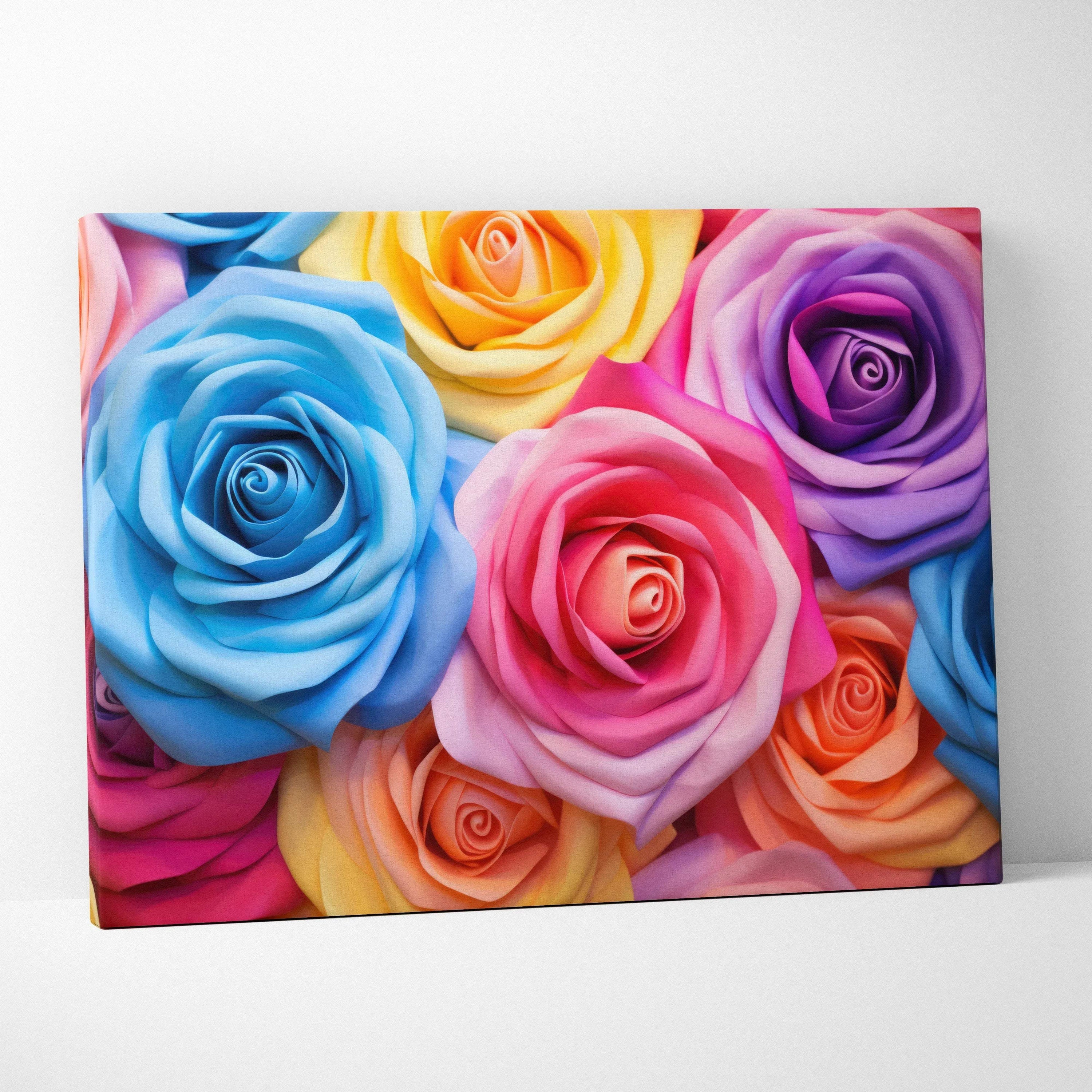 Pastel roses canvas wall art with vibrant blue, pink, yellow, and purple floral decor.