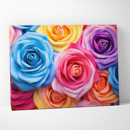 Pastel roses canvas wall art with vibrant blue, pink, yellow, and purple floral decor.