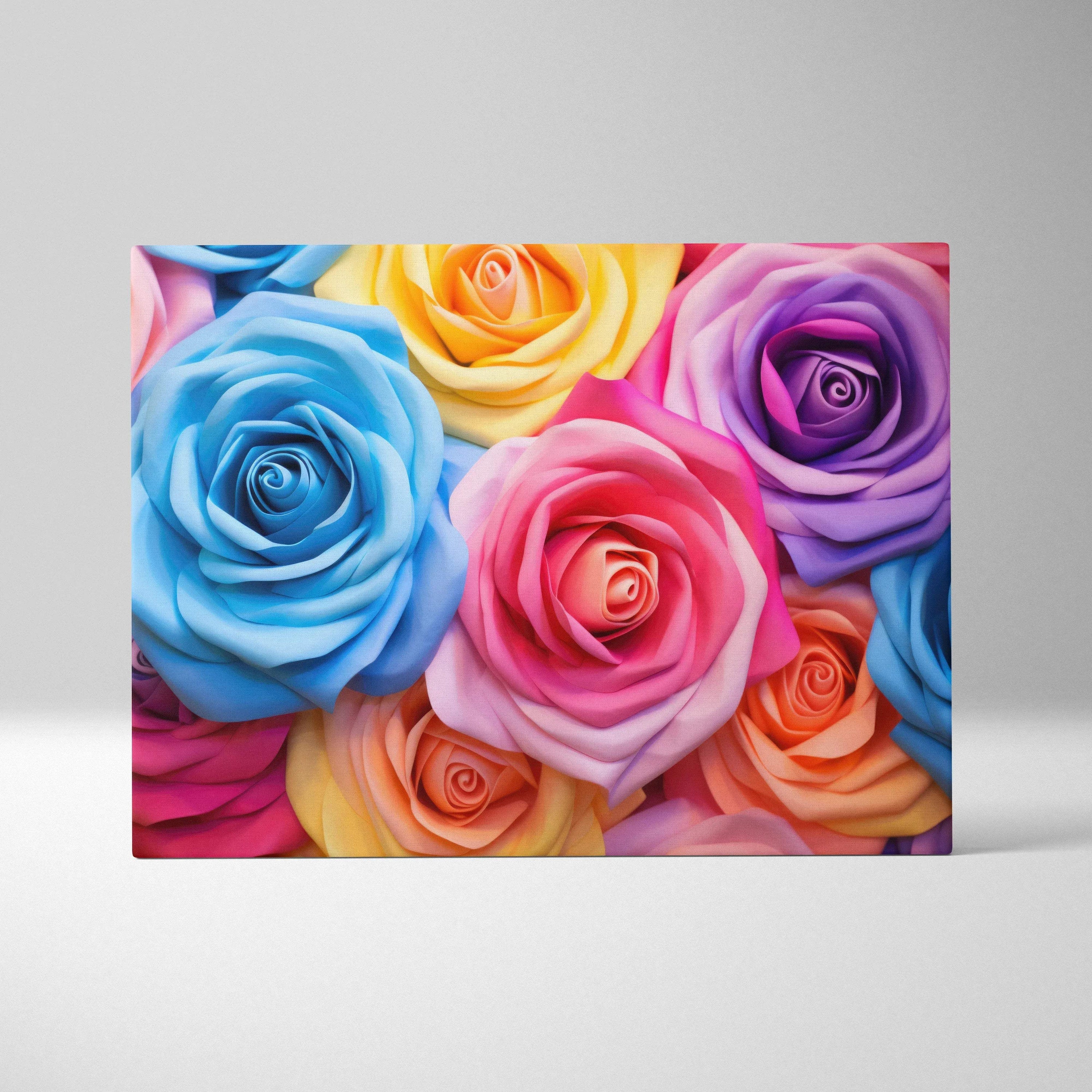 Pastel roses floral canvas wall art with vibrant pink, blue, yellow, and purple hues for home decor.
