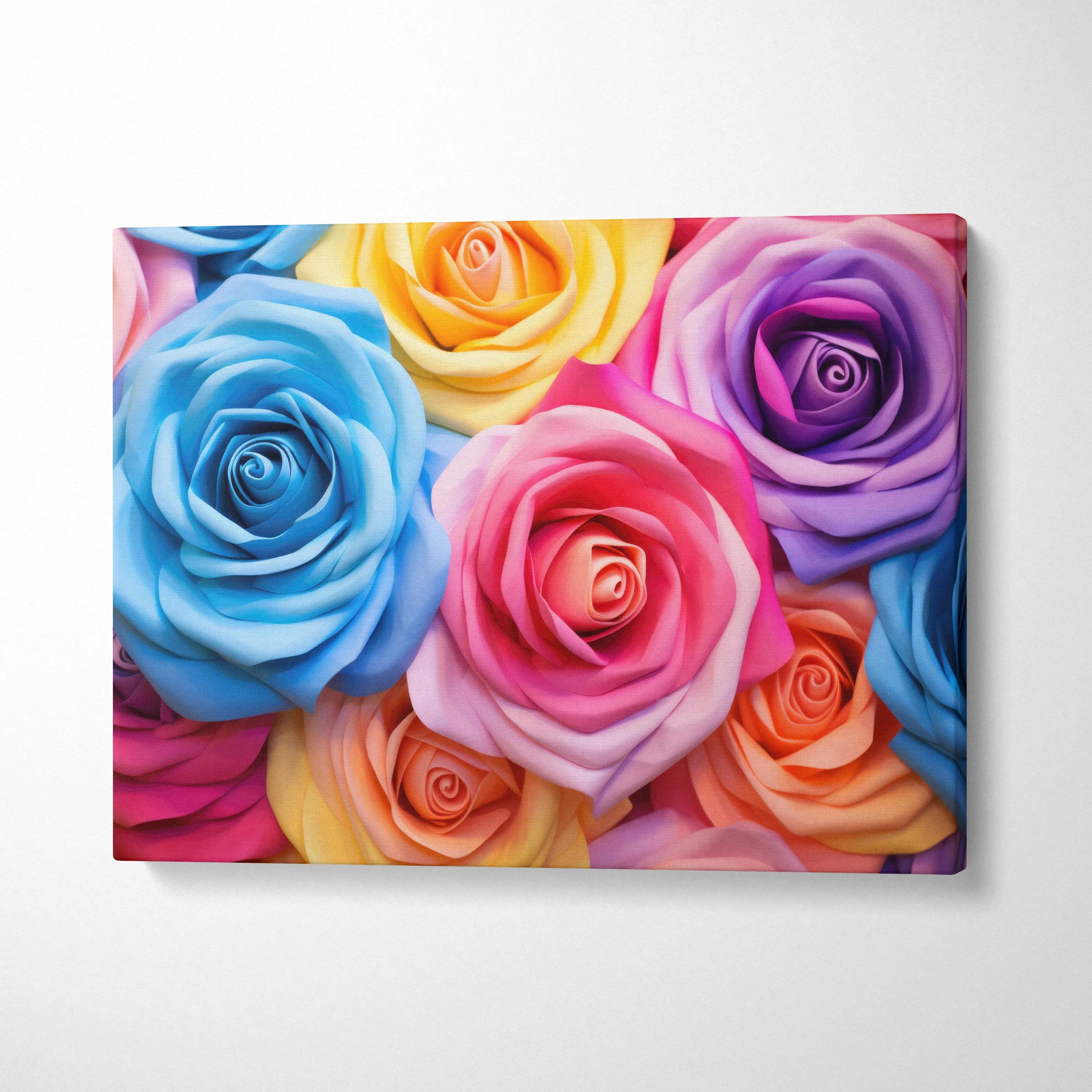 Colorful pastel roses close-up floral canvas wall art for vibrant home decor.