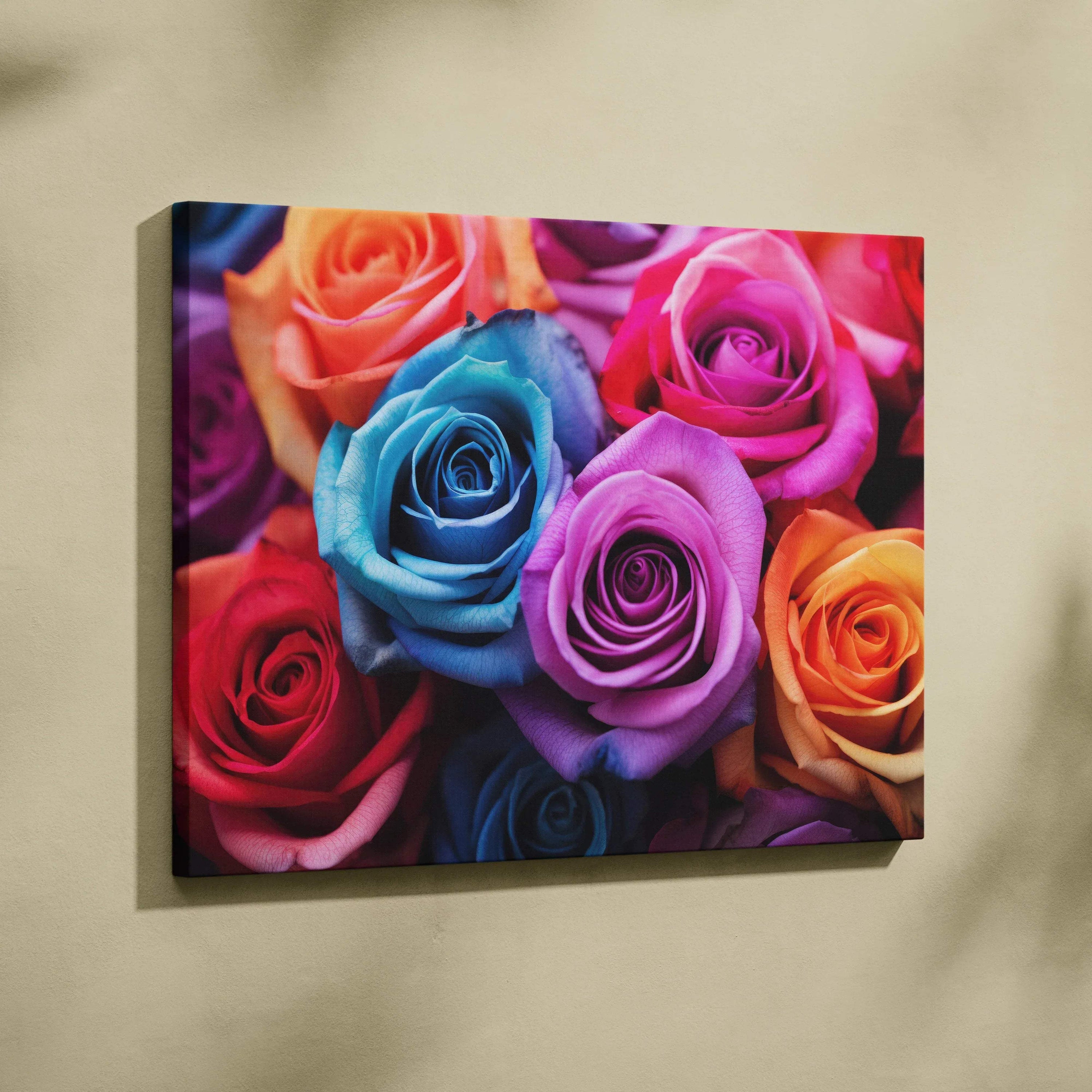 Canvas wall art featuring vibrant, high-resolution close-up of multicolored roses in pink, blue, purple, orange, and red.