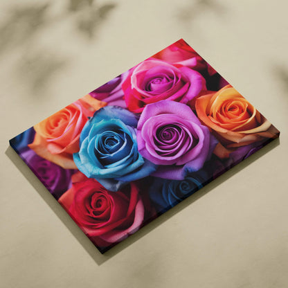 Colorful canvas wall art featuring vibrant close-up roses in shades of pink, orange, blue, purple, and red.