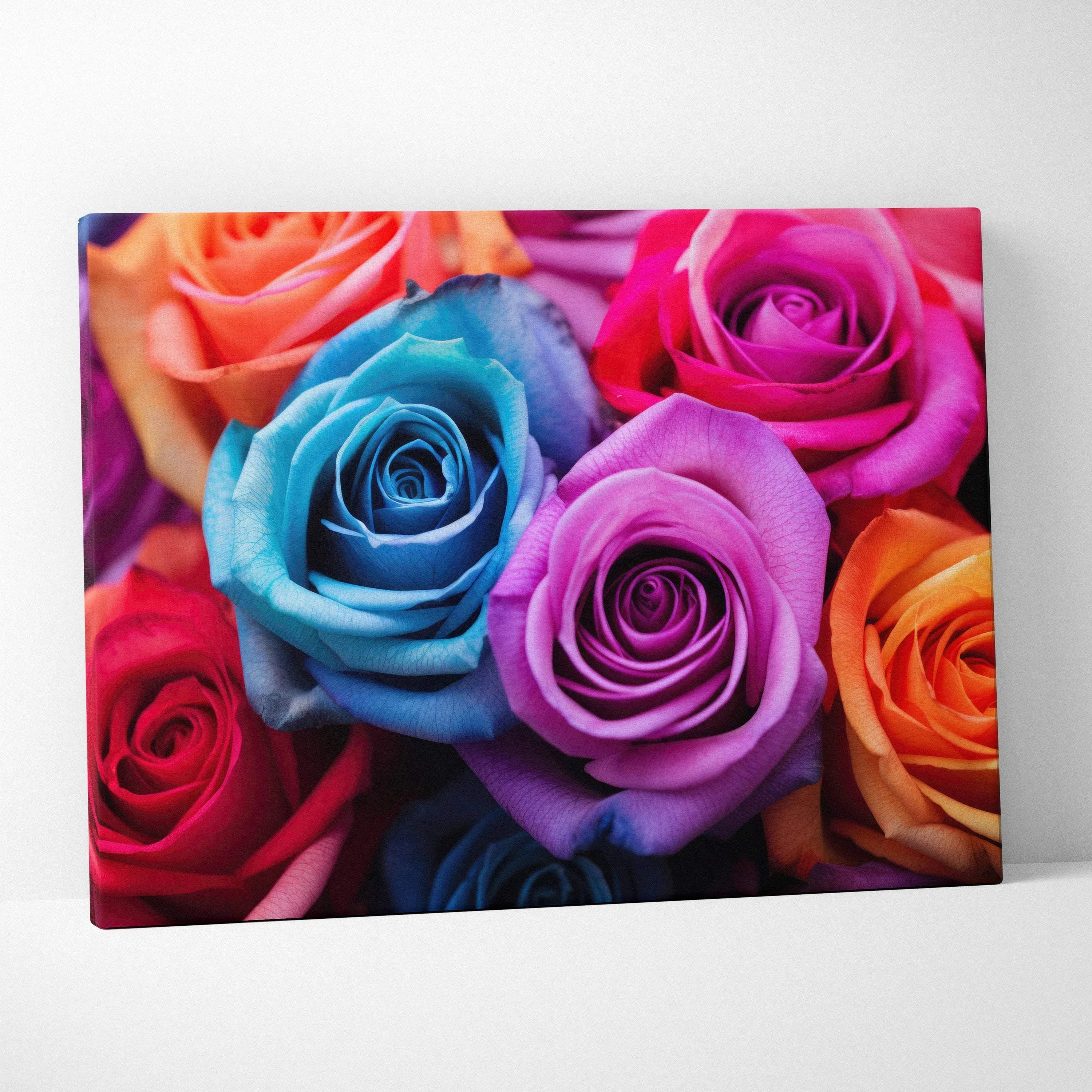 Vibrant high-resolution canvas wall art featuring close-up colorful roses in blue, purple, pink, red, and orange hues.