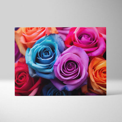 Vibrant canvas wall art featuring close-up of colorful roses in blue, pink, purple, red, and orange tones.