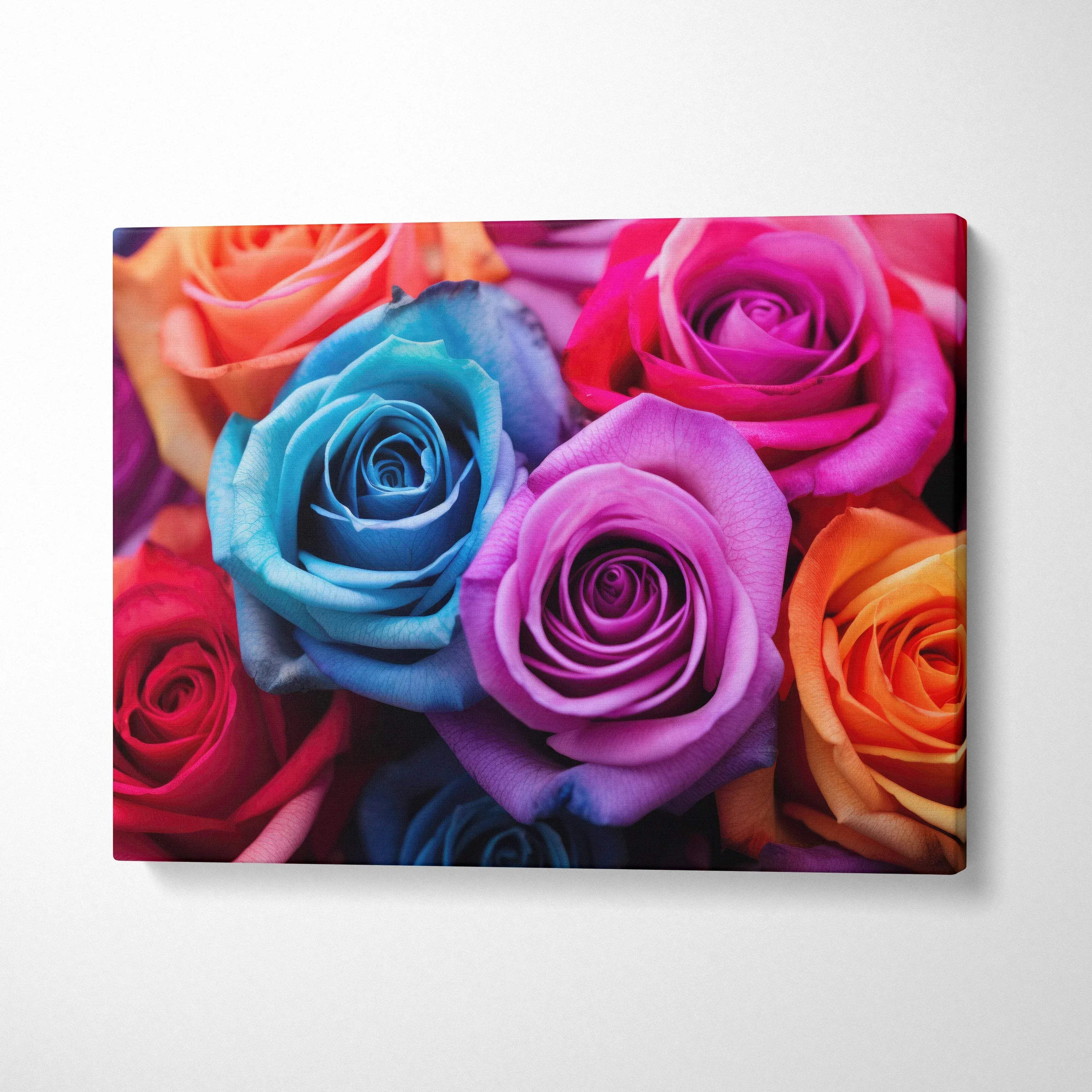 Vibrant floral roses canvas wall art print with pink, blue, purple, orange, and red blooms for colorful decor.