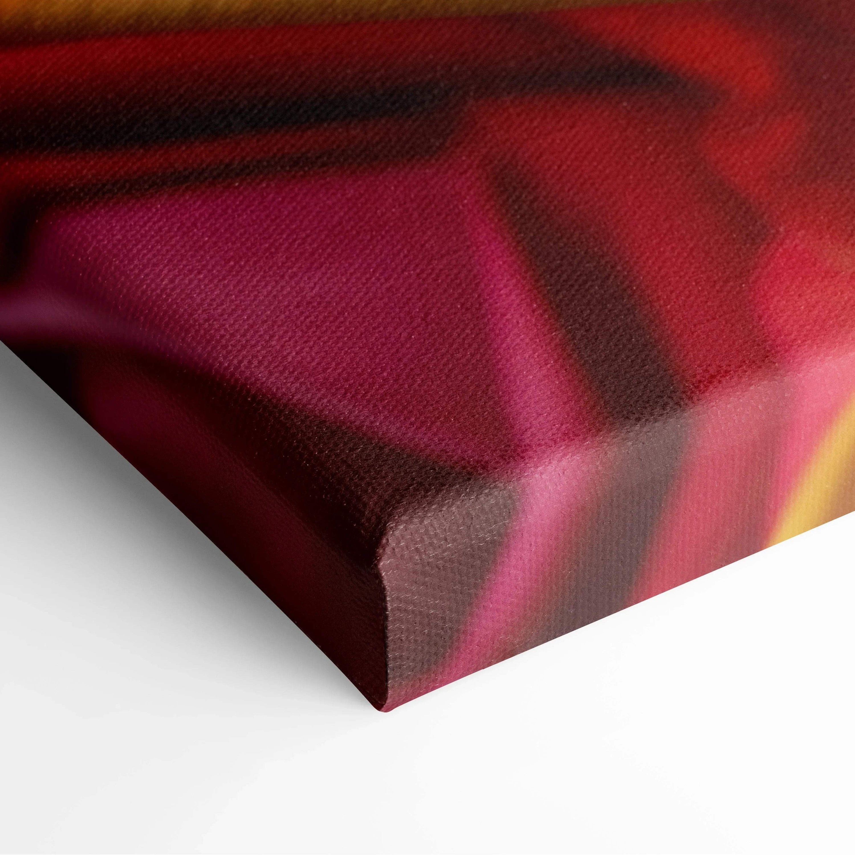 Close-up of canvas wall art corner featuring vibrant multicolor roses with red, pink, and yellow hues on textured fabric.