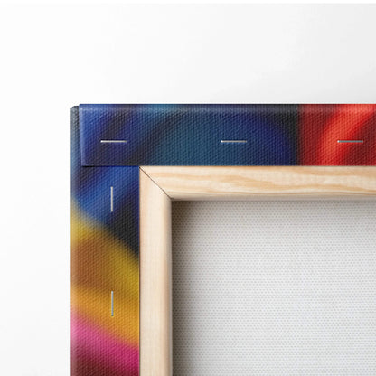Close-up of wooden-framed canvas wall art with a colorful multicolor roses floral design wrapping around the edges.