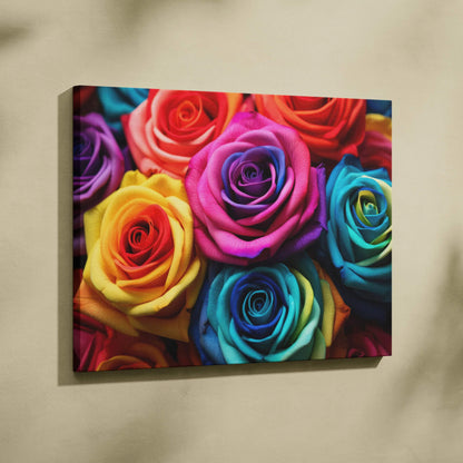 Multicolor roses floral canvas wall art with vibrant red, pink, blue, purple, and yellow blooms for elegant decor.
