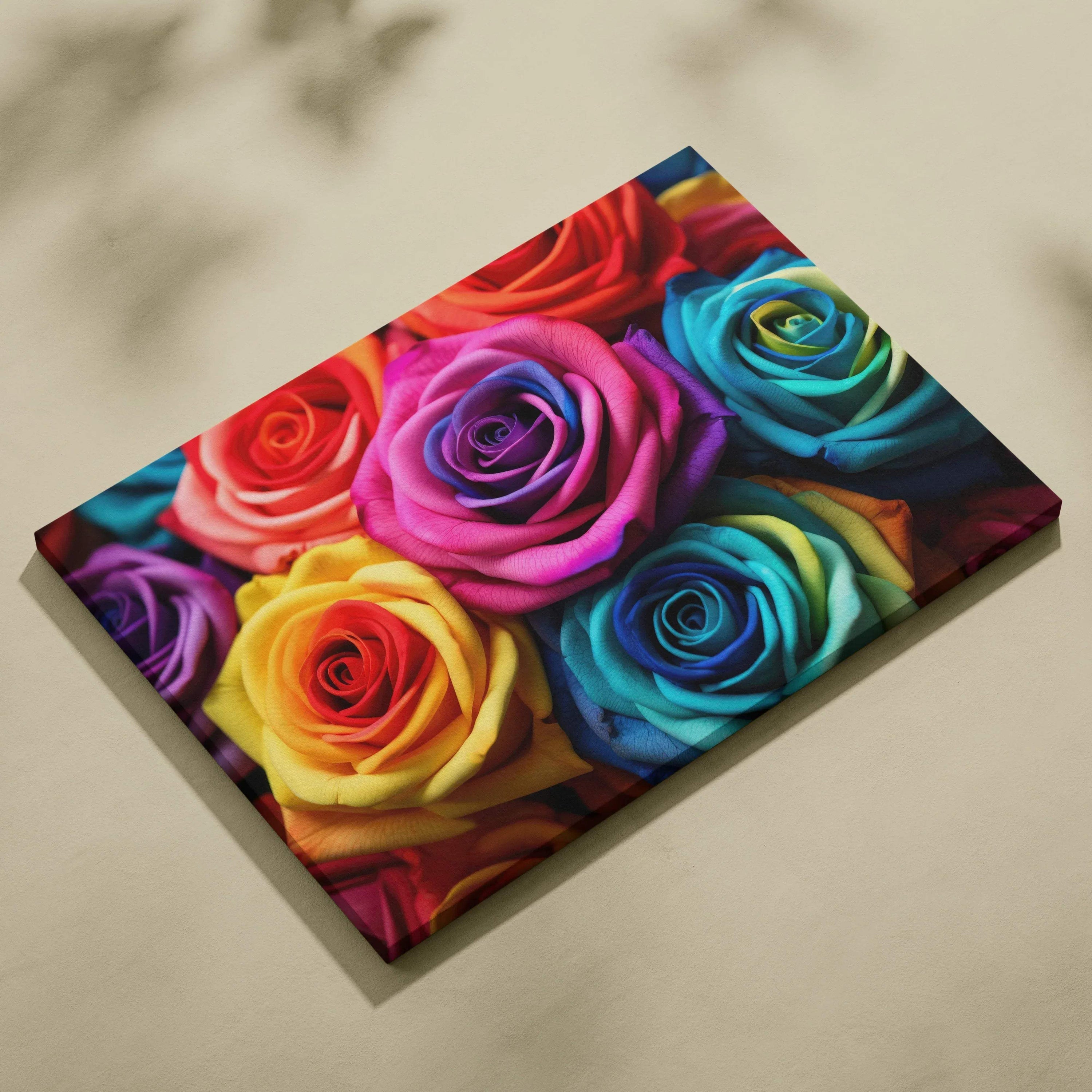 Canvas wall art featuring vibrant multicolor roses in red, purple, blue, yellow, and green tones for elegant decor.