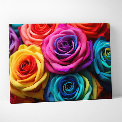 Vibrant multicolor roses on canvas wall art with rich reds, purples, yellows, and blues for bold floral decor.