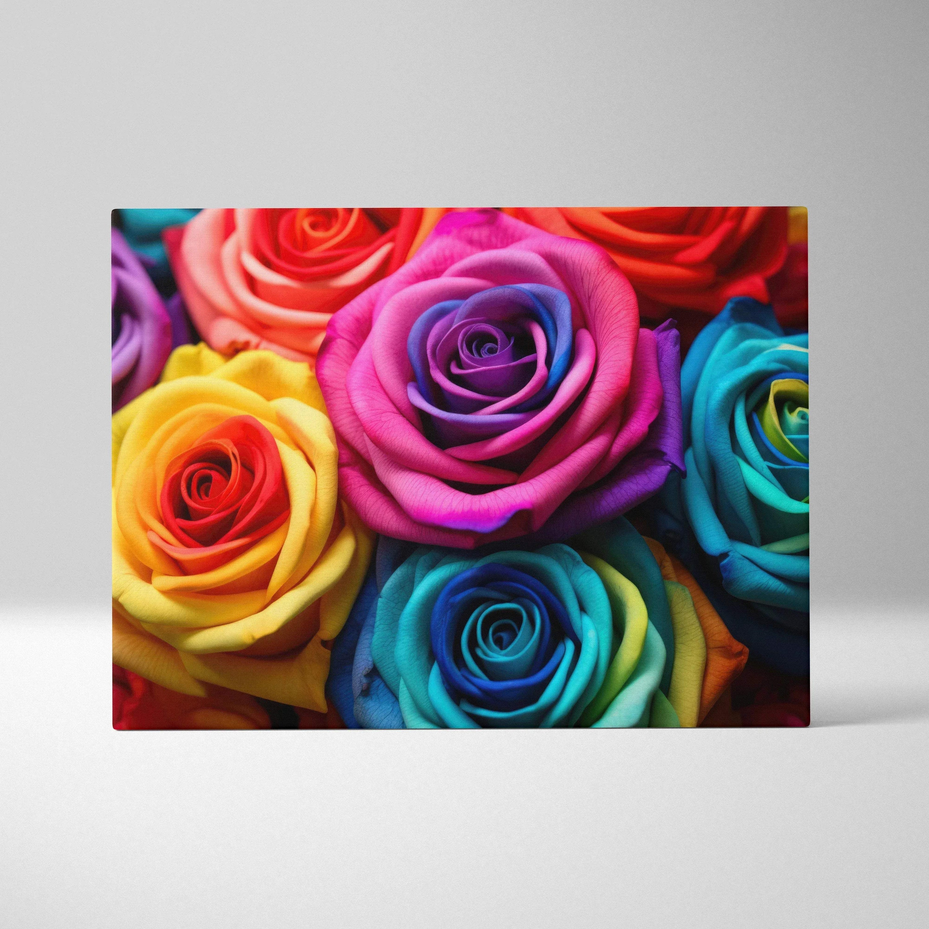 Vibrant multicolor roses printed on canvas wall art with rich, detailed floral design for elegant decor.