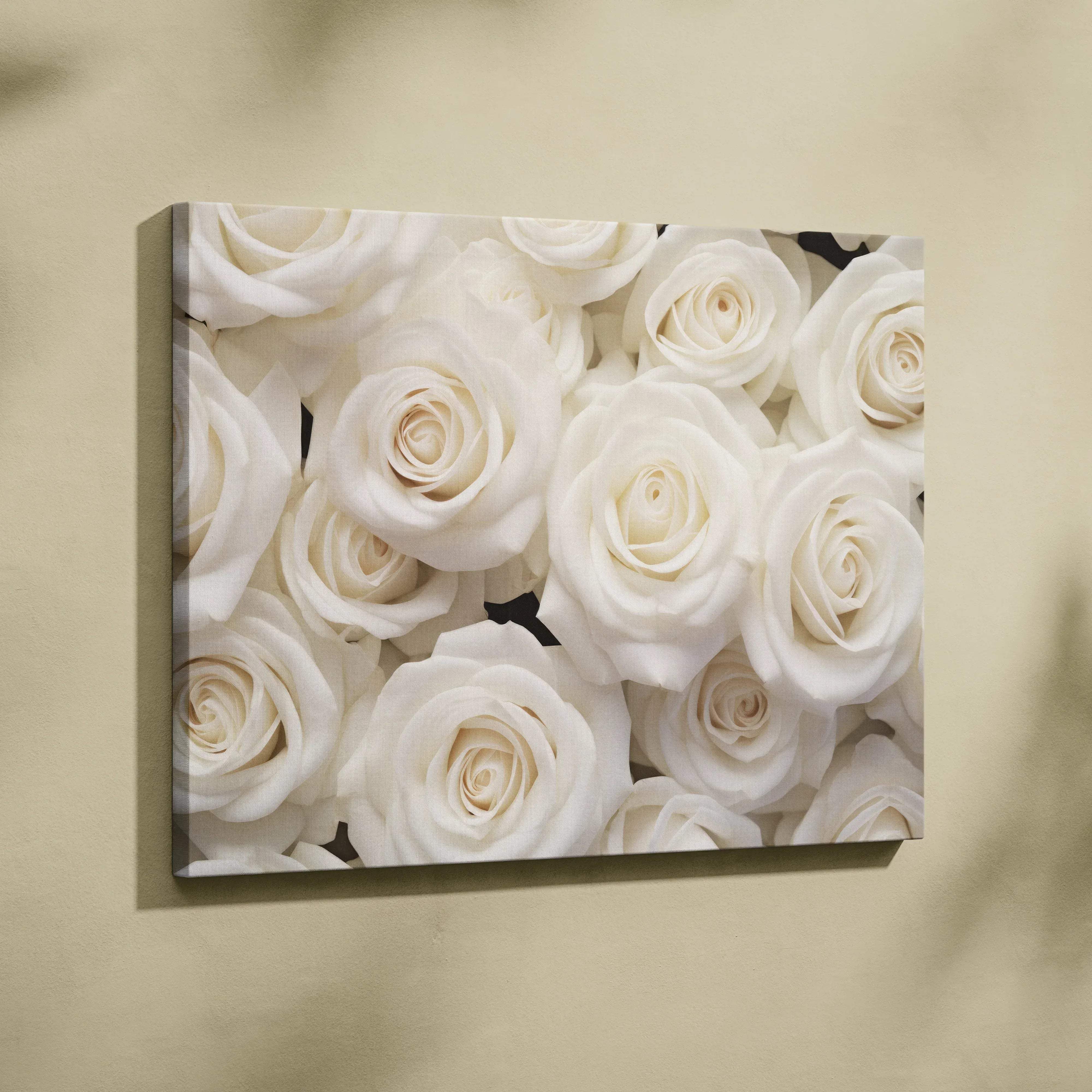 Romantic white roses floral canvas wall art in ivory cream serenity hanging on a wall for elegant interiors