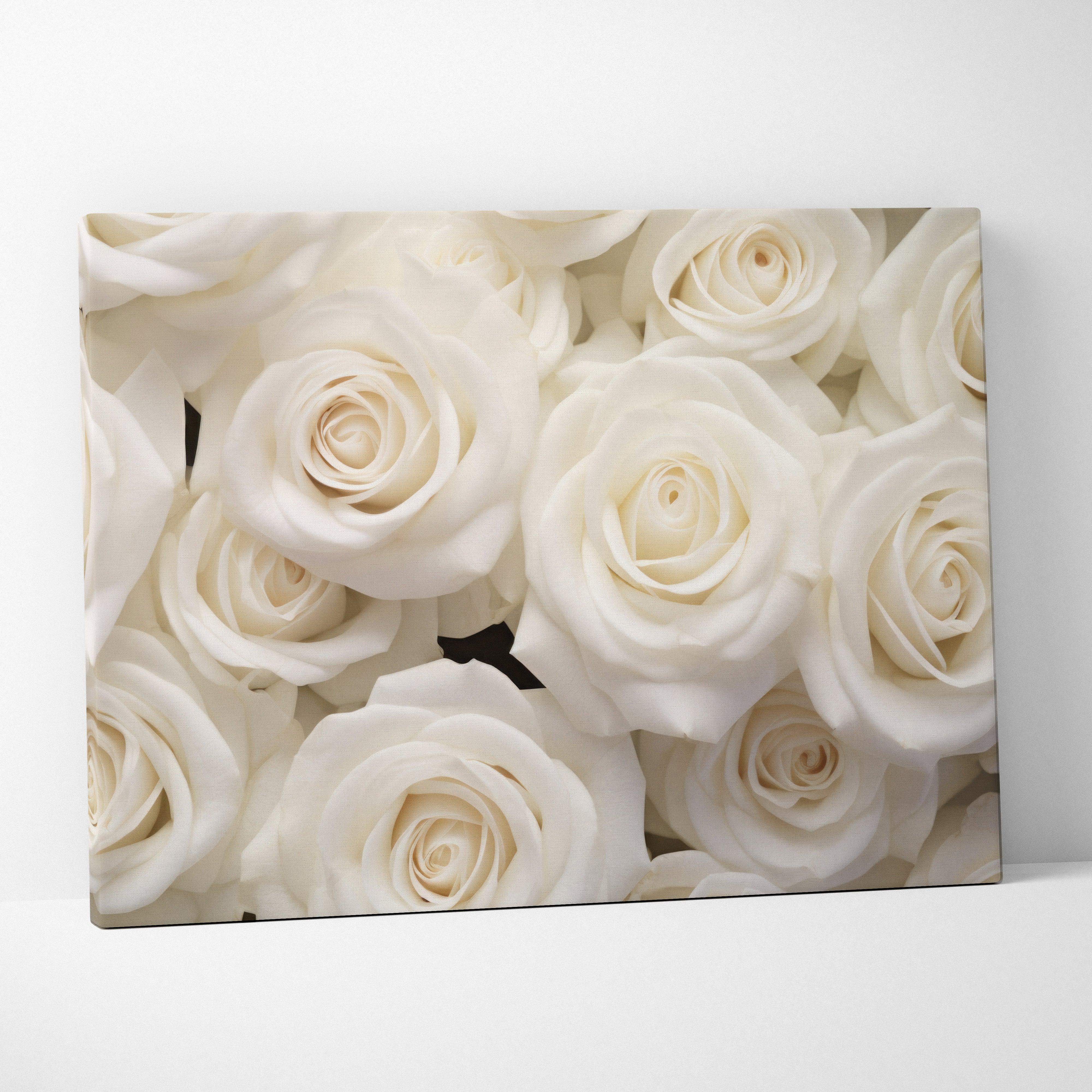 Romantic white roses canvas wall art featuring ivory cream floral print for elegant interior decor