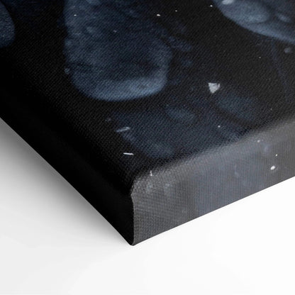 Close-up of black canvas wall art featuring detailed floral design with dewy black roses and subtle water droplets.