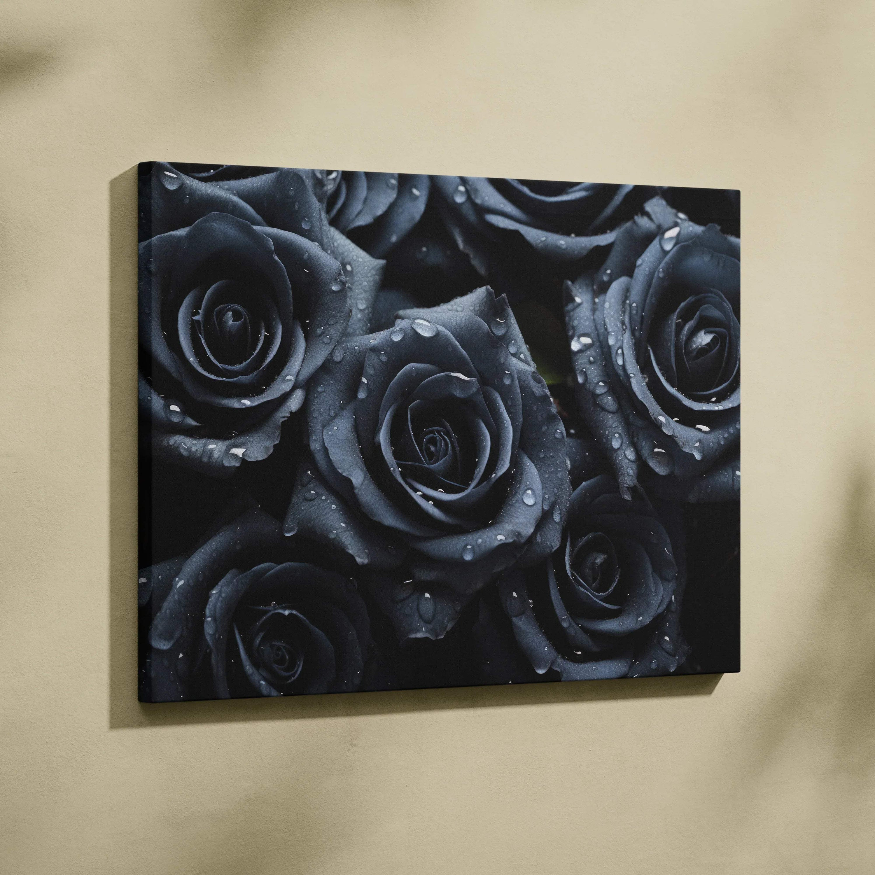 Canvas wall art featuring close-up dewy black roses with detailed petals on a dark background.