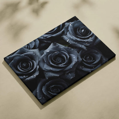Black canvas wall art featuring close-up of dewy black roses with detailed petals and water droplets.