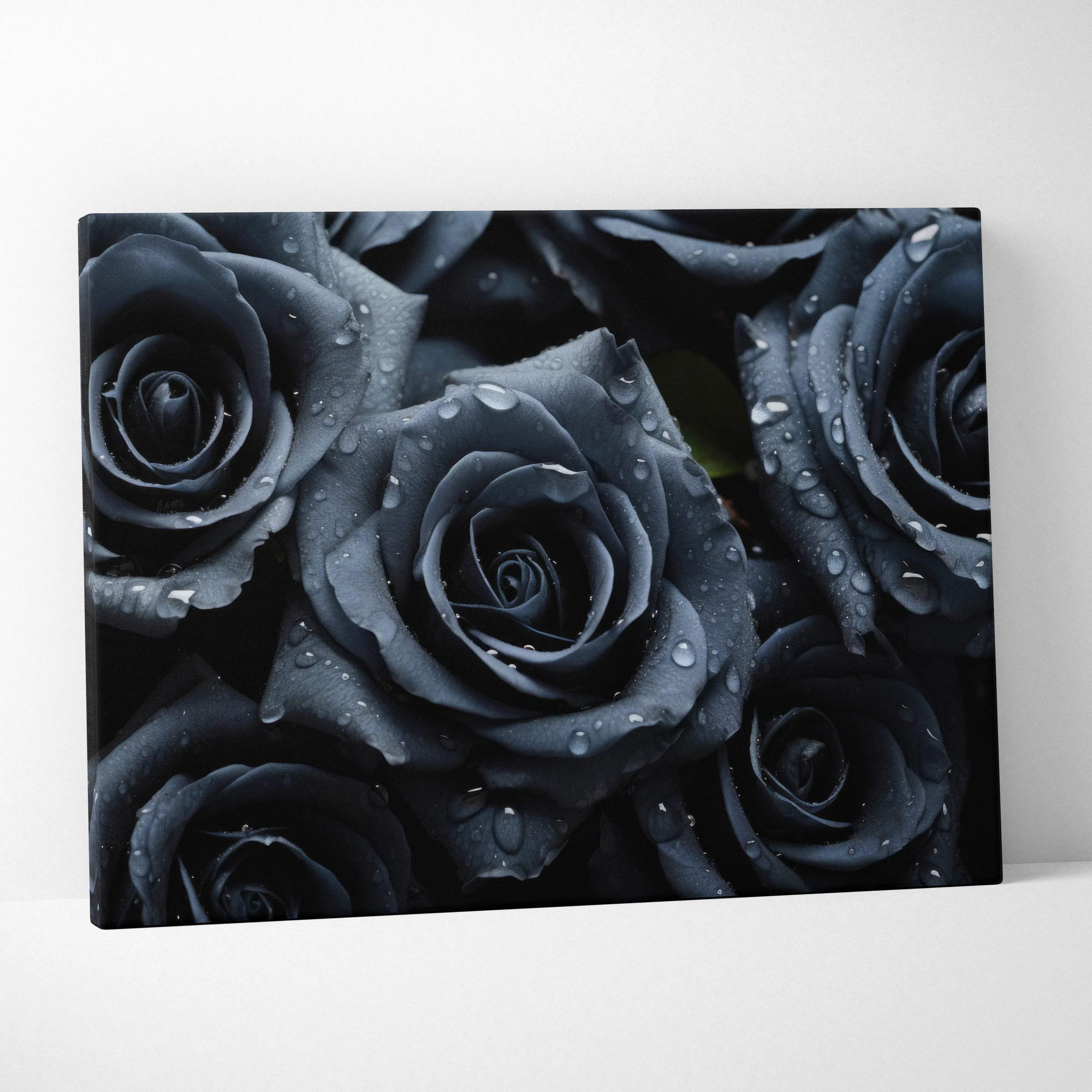 Canvas wall art featuring close-up black roses with dewy water droplets for elegant home decor.