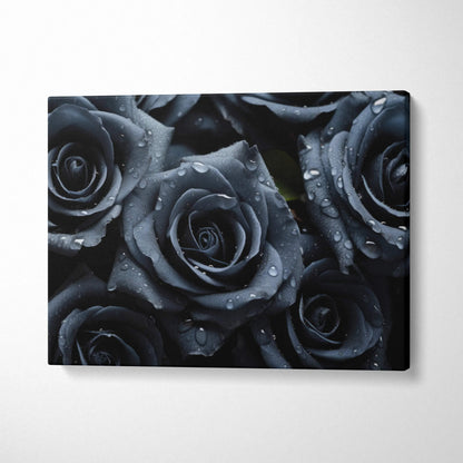Black roses with dewy petals close-up floral canvas wall art decor.