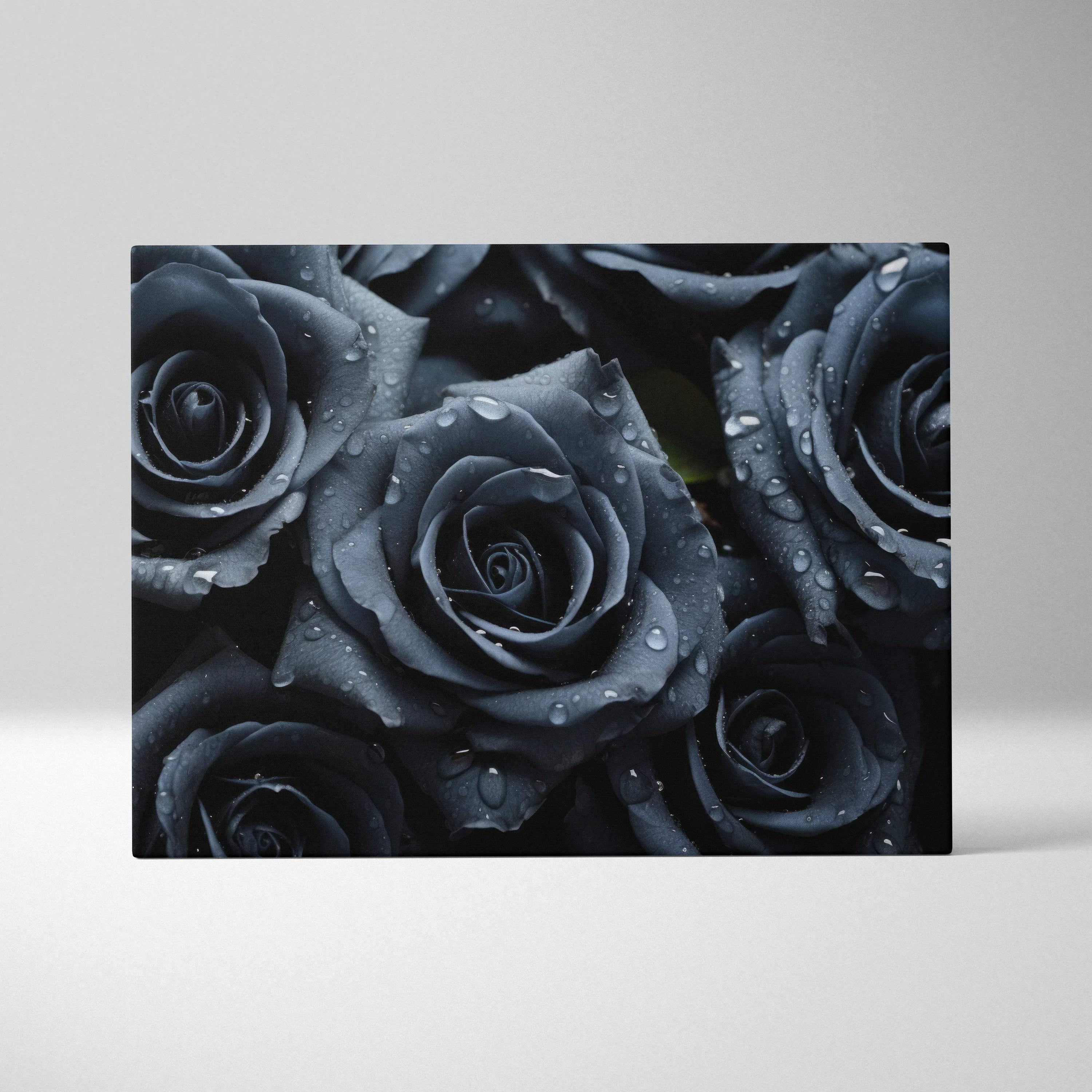 Canvas wall art featuring close-up black roses with dewy water droplets on petals.