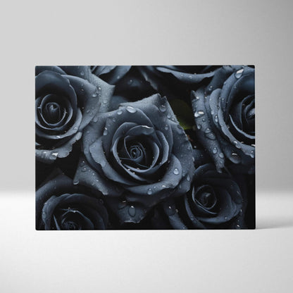 Canvas wall art featuring close-up black roses with dewy water droplets on petals.
