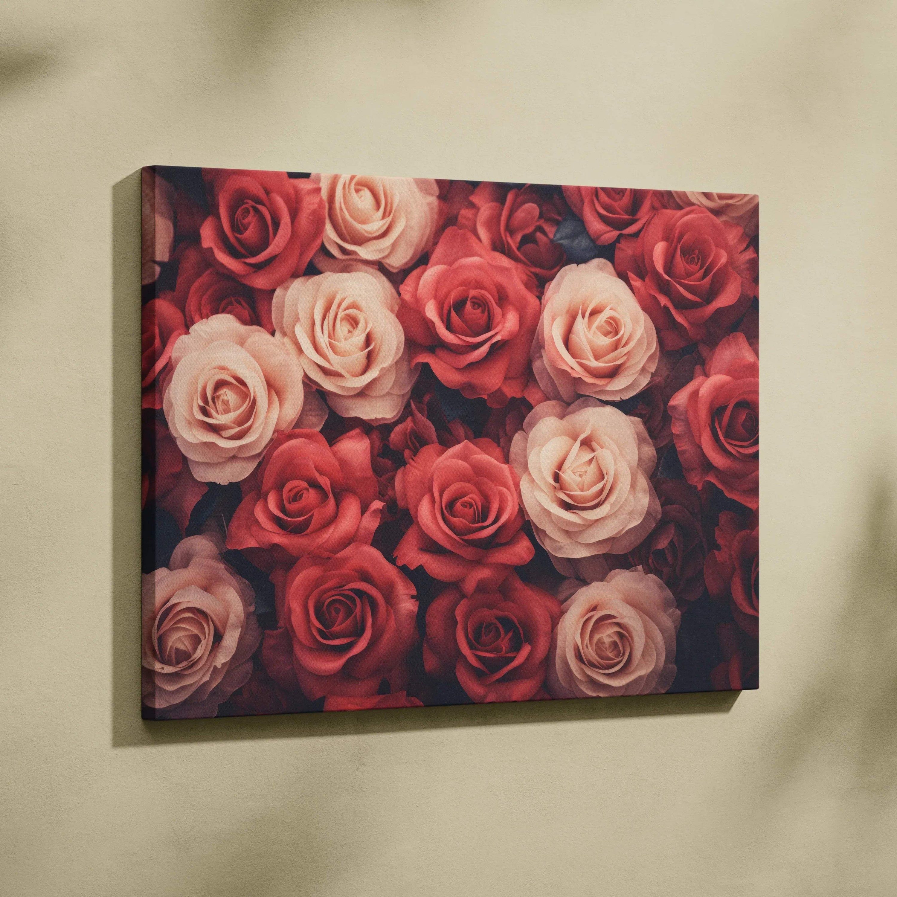 Canvas wall art featuring vibrant red and pink roses in a dense floral arrangement, rich and textured decor piece.
