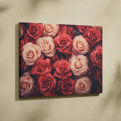 Canvas wall art featuring vibrant red and pink roses in a dense floral arrangement, rich and textured decor piece.