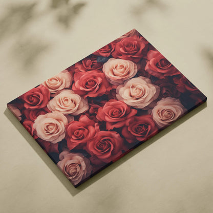 Canvas wall art featuring vibrant red and pink roses with rich, detailed floral design.