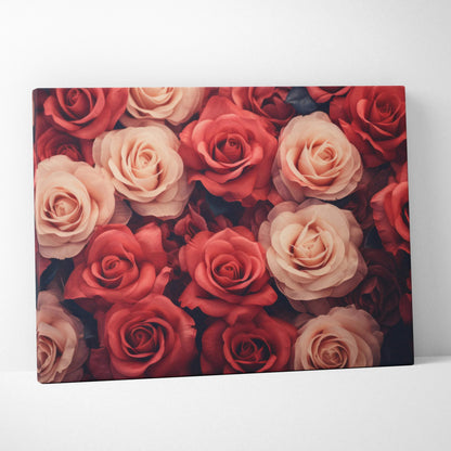 Canvas wall art featuring a vibrant floral print of red and pink roses with detailed petals and rich colors.