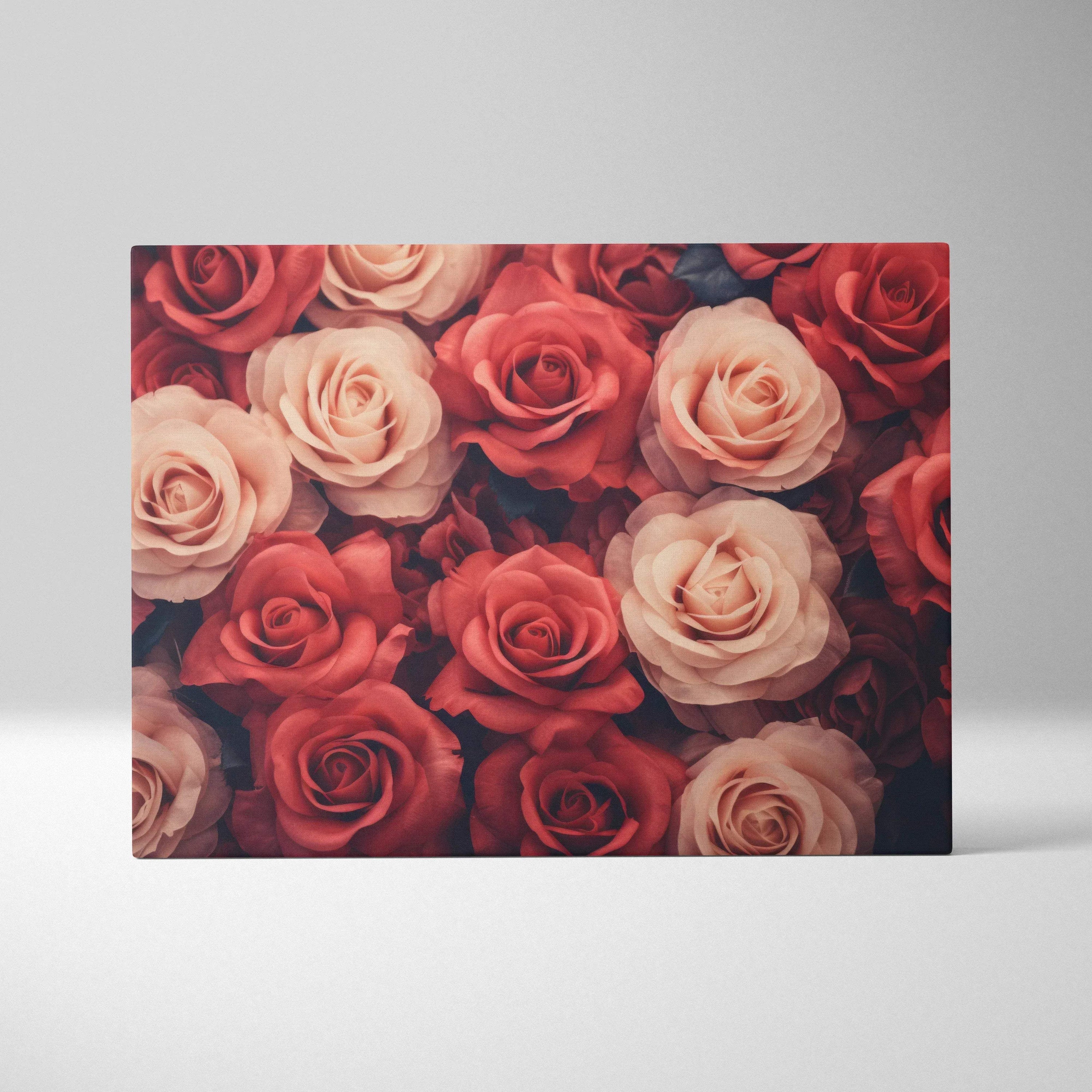 Canvas wall art featuring vibrant red and pink roses with detailed petals and rich green leaves.
