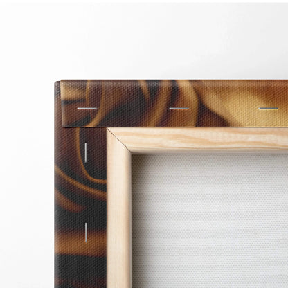 Close-up of wooden frame corner on canvas wall art with dark bronze and brown tones.