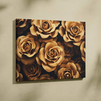 Bronze roses floral canvas wall art with rich golden tones and elegant decor style.