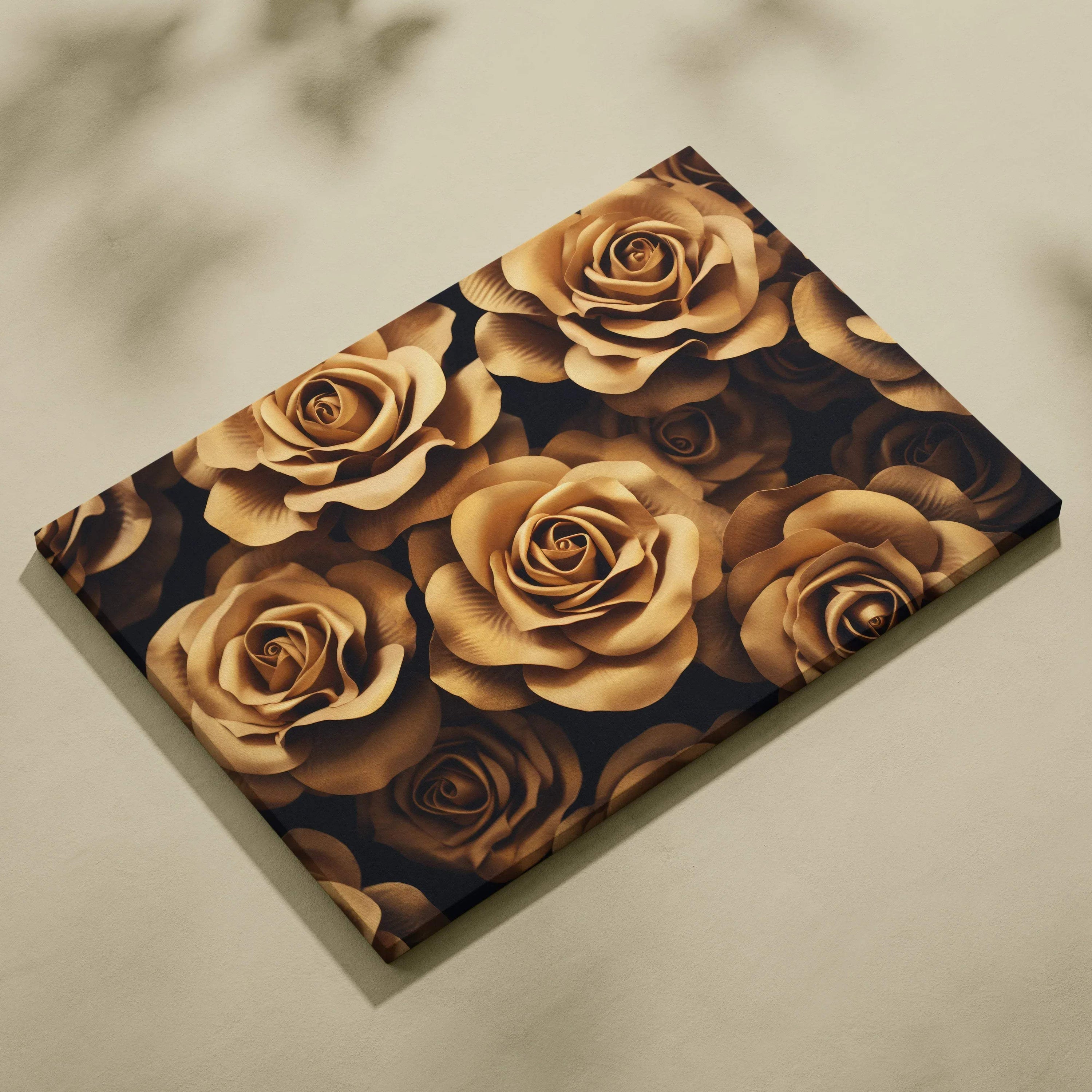 Canvas wall art featuring detailed bronze-toned roses with dark shadows for elegant floral decor.