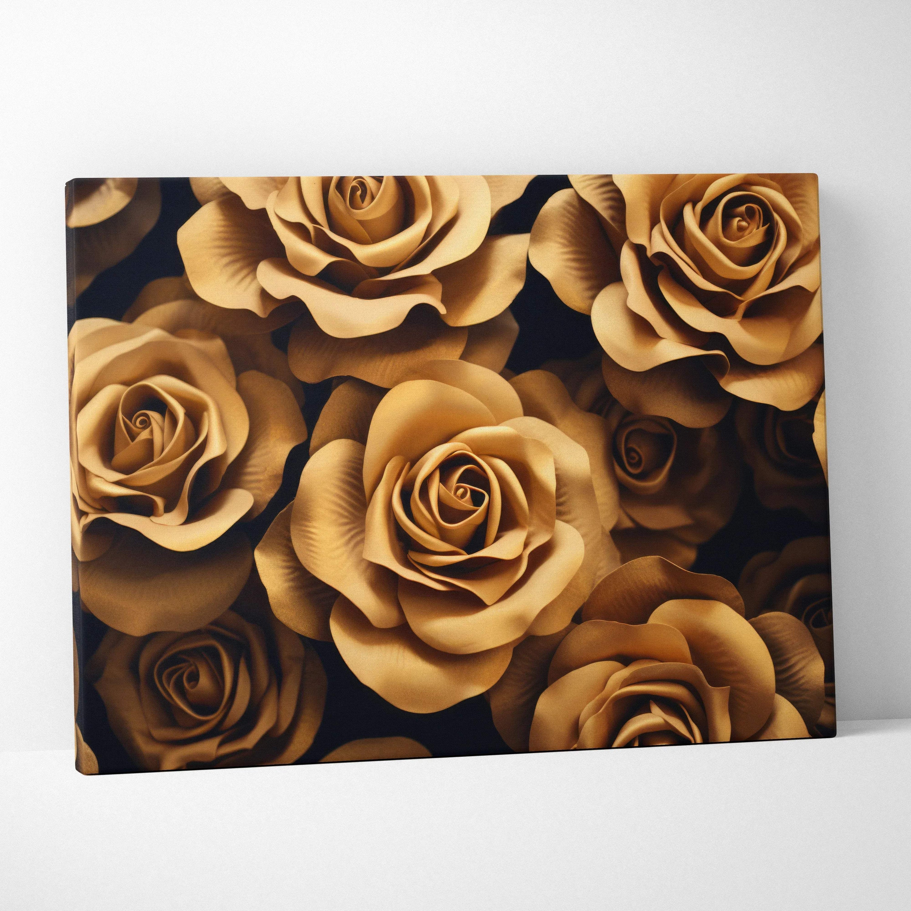 Bronze roses close-up floral canvas wall art with dark background, elegant home decor.