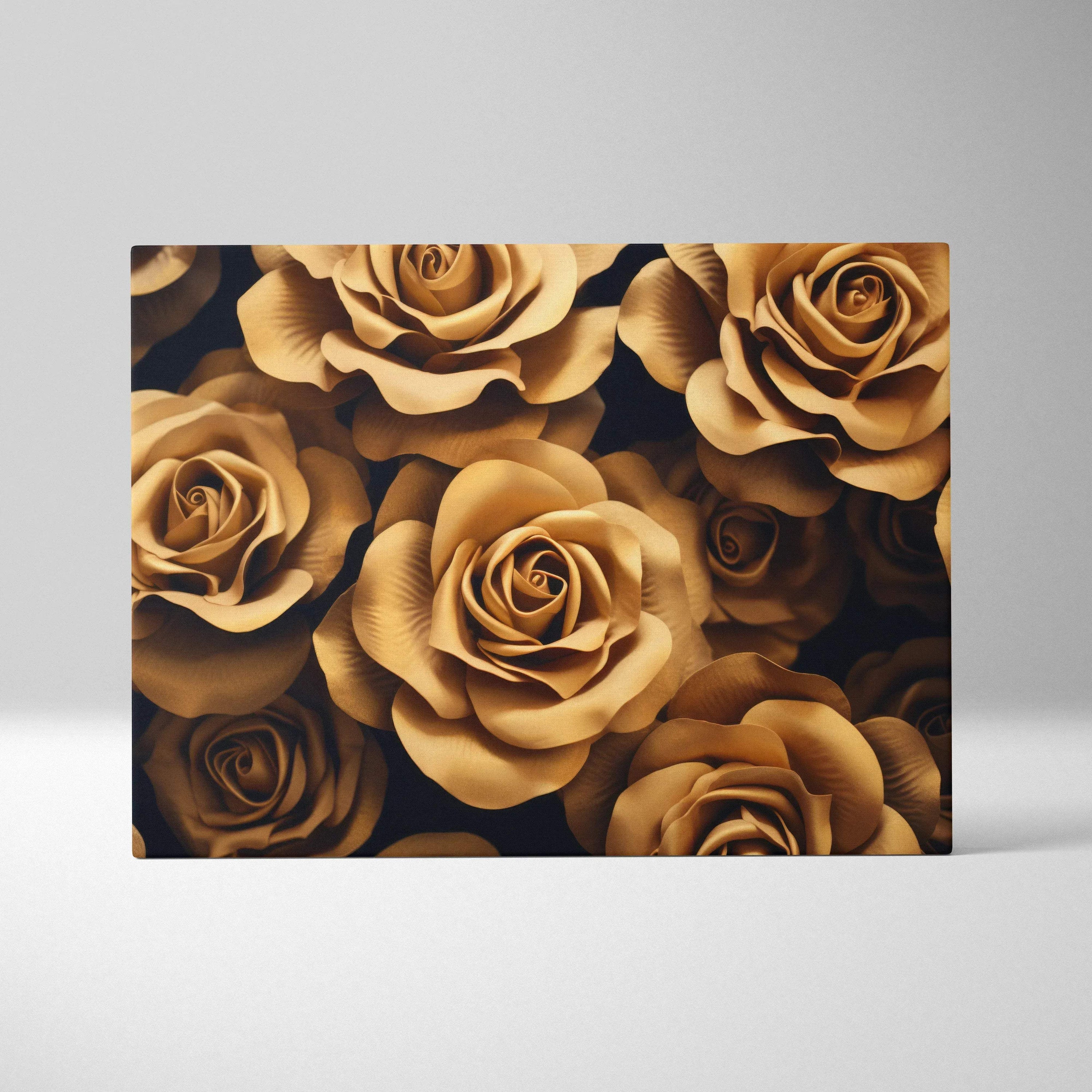 Bronze roses floral canvas wall art with detailed petals, elegant home decor piece.