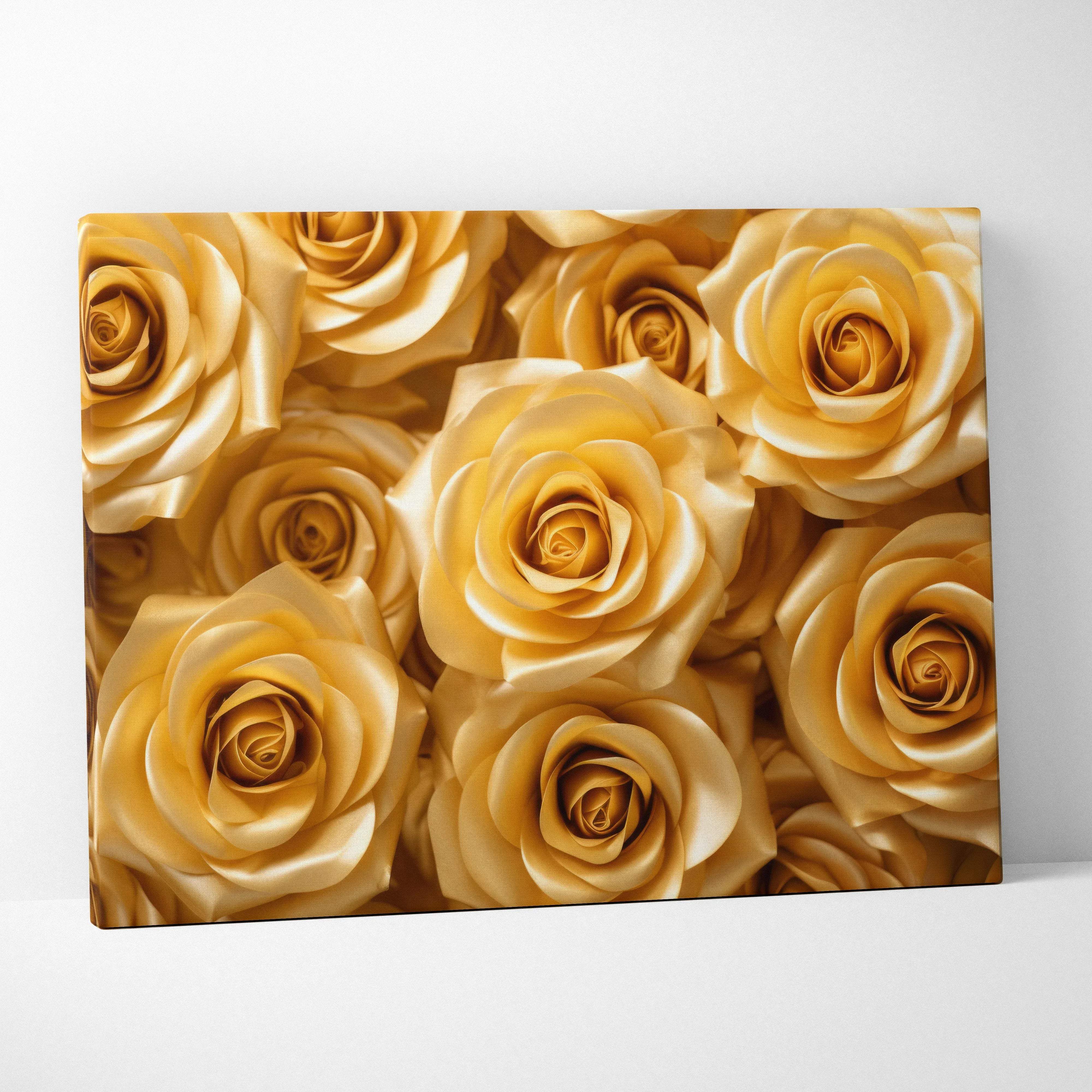 Canvas print featuring a dense arrangement of golden-yellow roses with satin-like petals for warm home decor